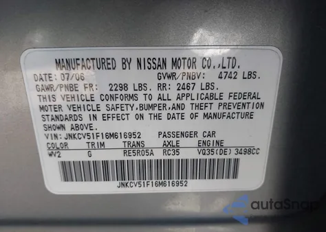 2006 Infiniti G35X from USA, damaged, VIN JNKCV51F16M616952